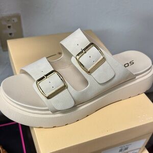 Cream Slide Sandals with Gold Buckles